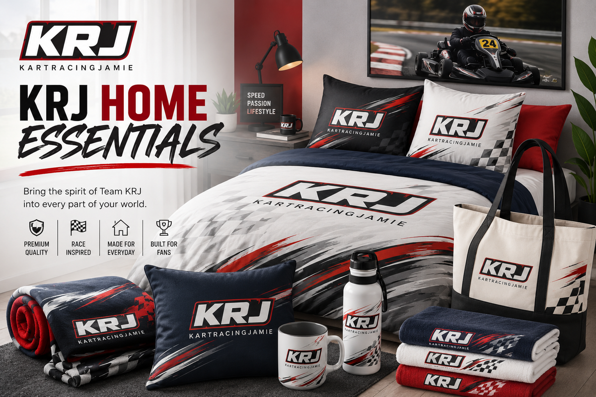 Motorsport lifestyle products von KRJ, einschließlich Bettwäsche, Handtücher, Taschen und Kissen für Fans.