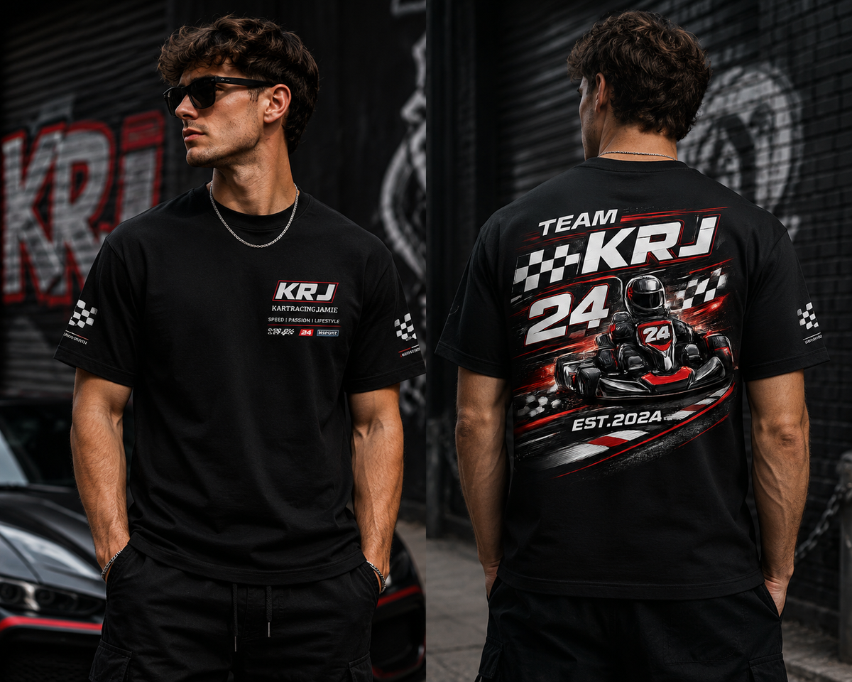 Schwarzes Motorsport T-Shirt mit Team KRJ 24 Logo und Kart-Design, perfekt für Motorsport T-Shirt Liebhaber.