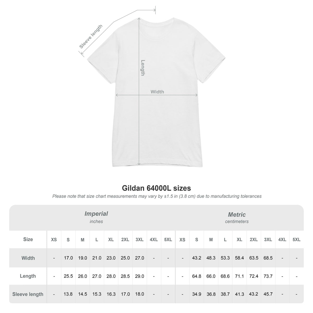 Größentabelle für das kart racing women's t-shirt, Gildan 64000L, Maße in Zoll und Zentimetern.