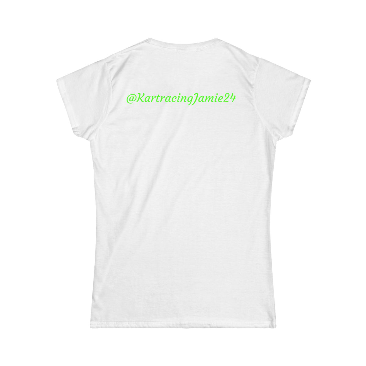 Rückansicht des kart racing women's t-shirt mit Neon-Schrift @KartracingJamie24.