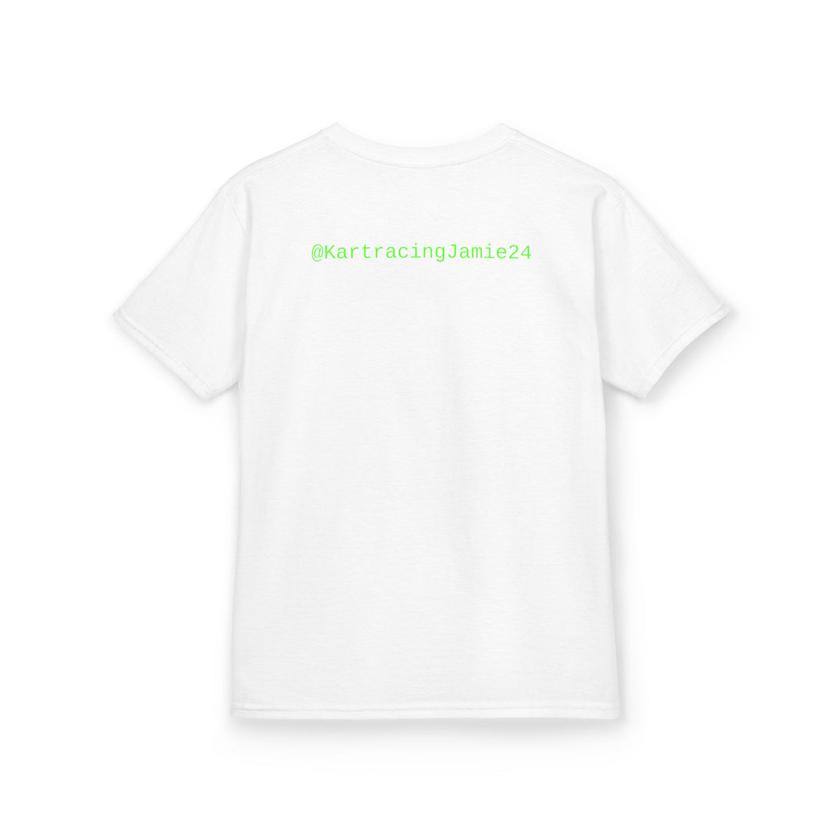 Hinteransicht des Kids kart racing t-shirts mit dem Aufdruck @KartracingJamie24 in leuchtendem Grün.