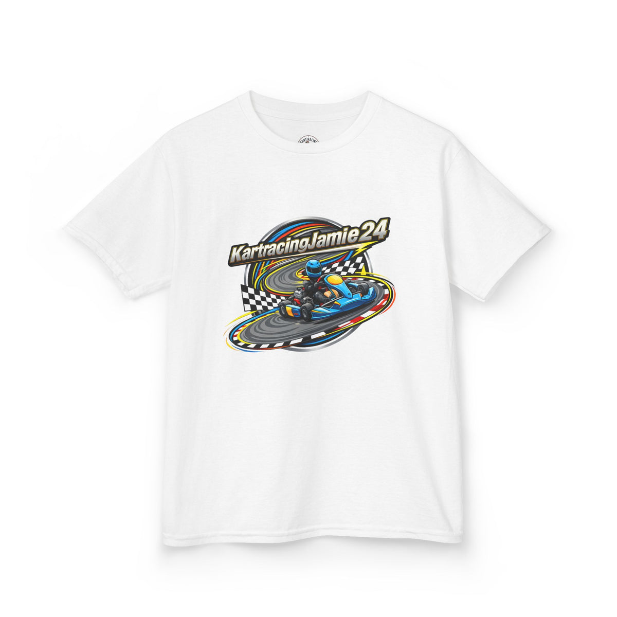 Kids kart racing t-shirt mit Rennsport-Grafik und Kartfahrer, ideal für kleine Motorsportfans.