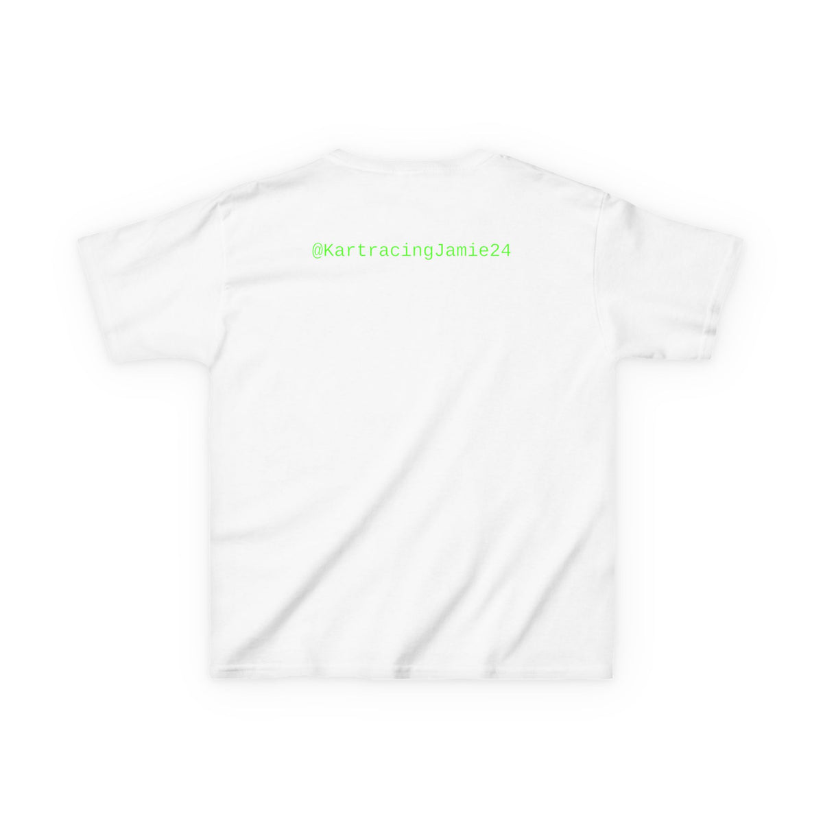 Hintenansicht des Kids kart racing t-shirt mit @KartracingJamie24 Aufdruck, perfekt für kleine Rennsportfans.