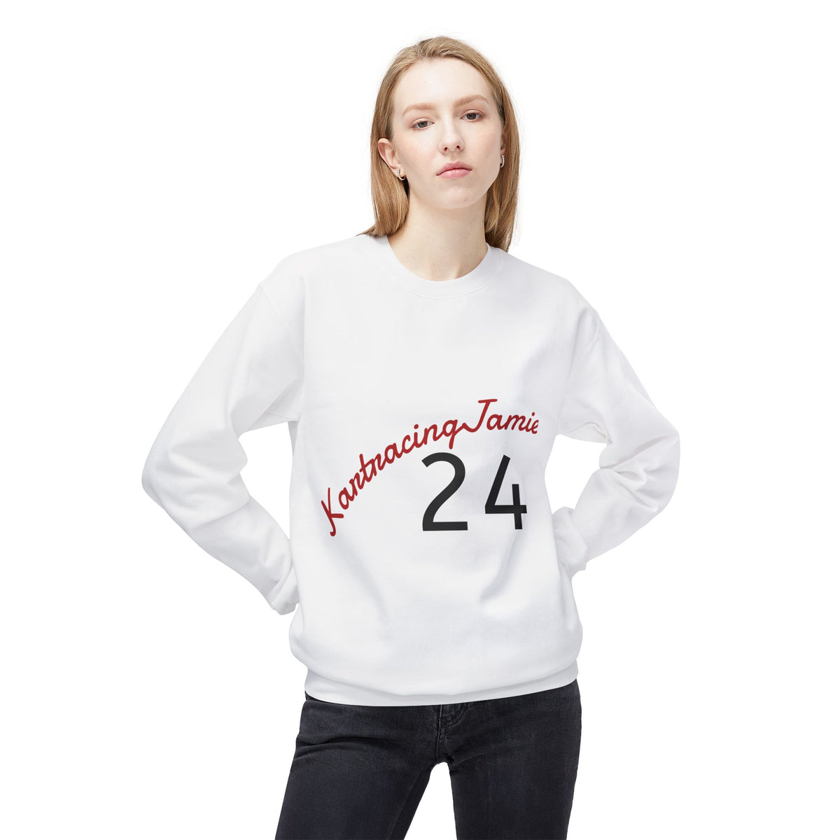 Go-Kart Racing Crewneck Sweatshirt mit arched Namen und Nummer 24 auf der Brust.