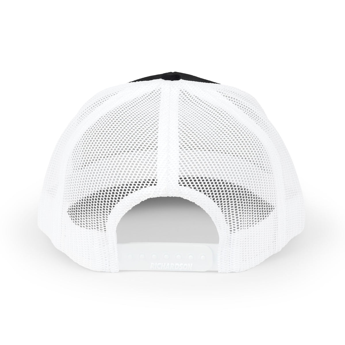 Rückansicht des Mountain Lodge Snapback Trucker Cap mit weißem Mesh und verstellbarem Plastikverschluss.