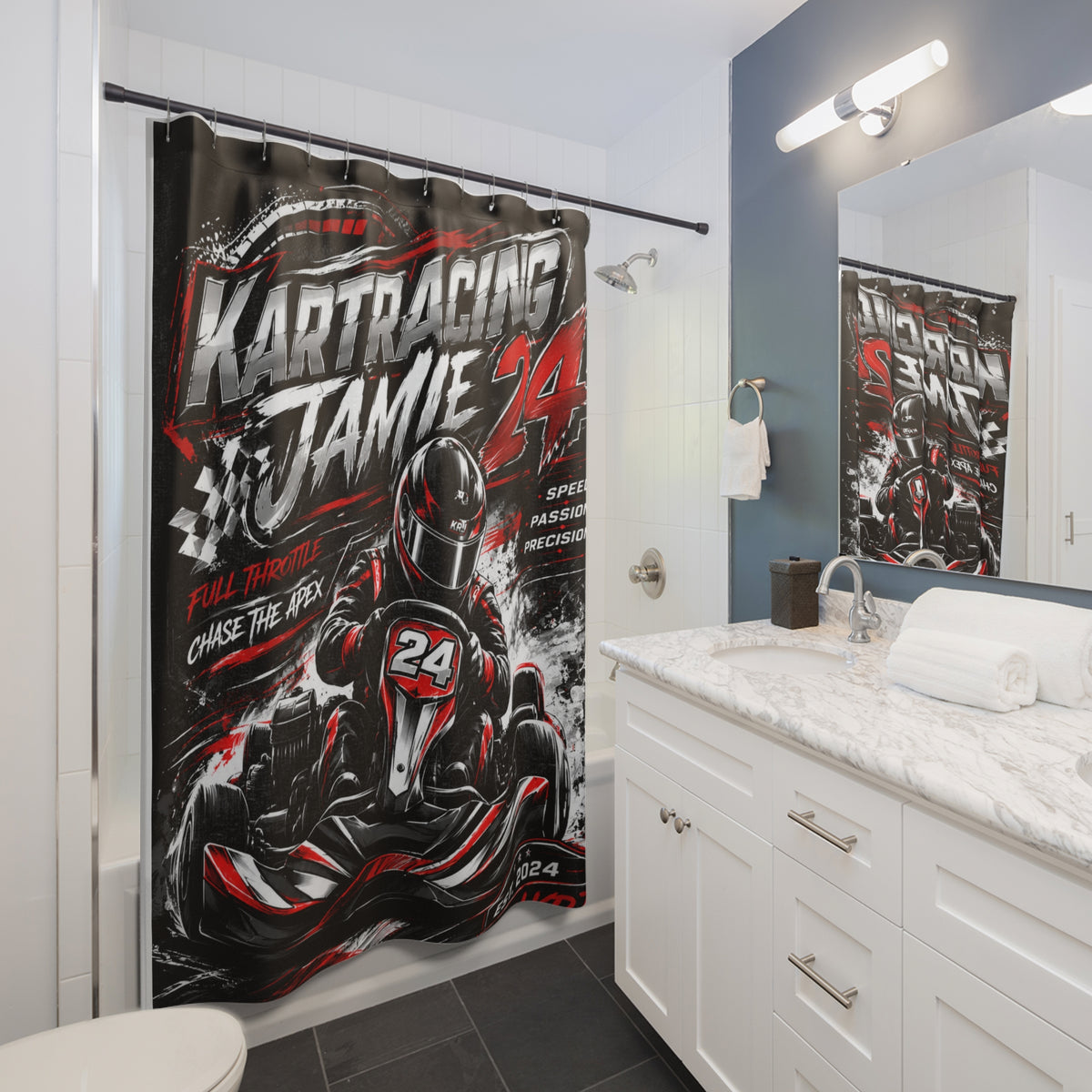 Kart Racing Shower Curtain mit dynamischem Kart-Design, Nummer 24, kräftigen Farben für Badezimmer-Dekor.