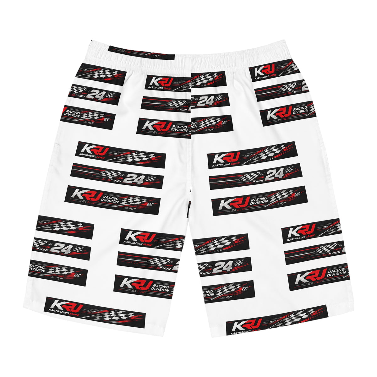 Racing Logo Board Shorts mit dynamischen Rennsymbolen auf weißem Stoff, ideal für den Sommer und Wassersport.