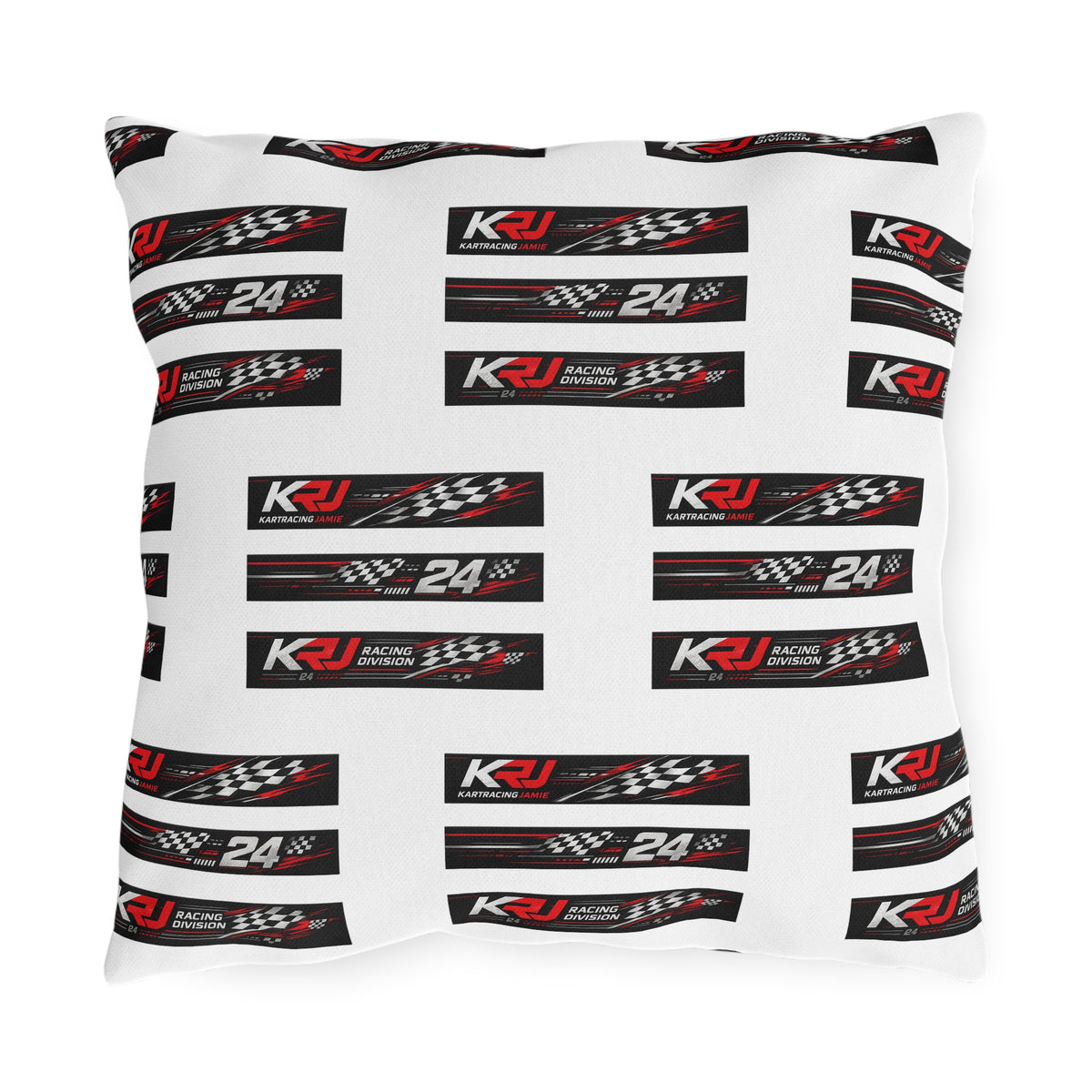 Racing Outdoor Pillow in a stylish design with KRJ Motorsport branding and checkered patterns.