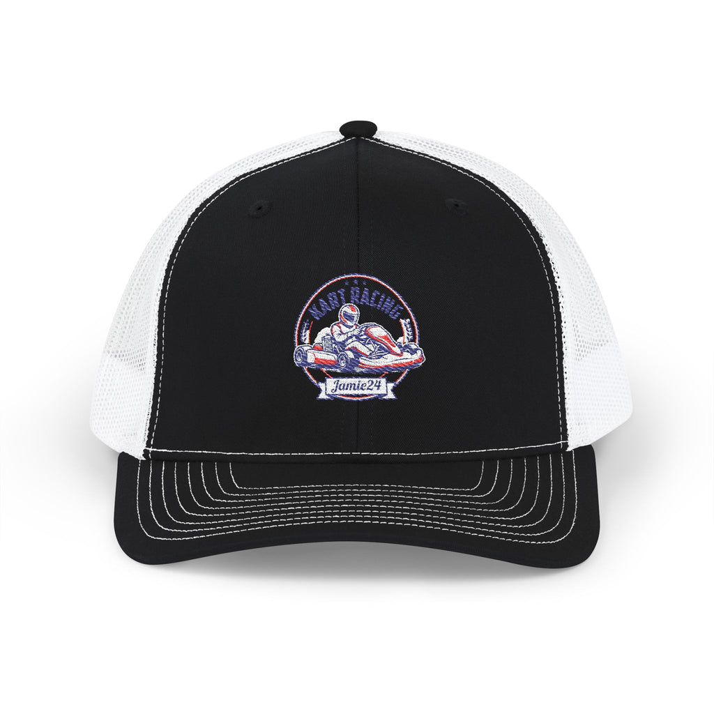 Mountain Lodge Snapback Trucker Cap mit vintage Patch, schwarz und weiß, ideal für Outdoor-Aktivitäten.