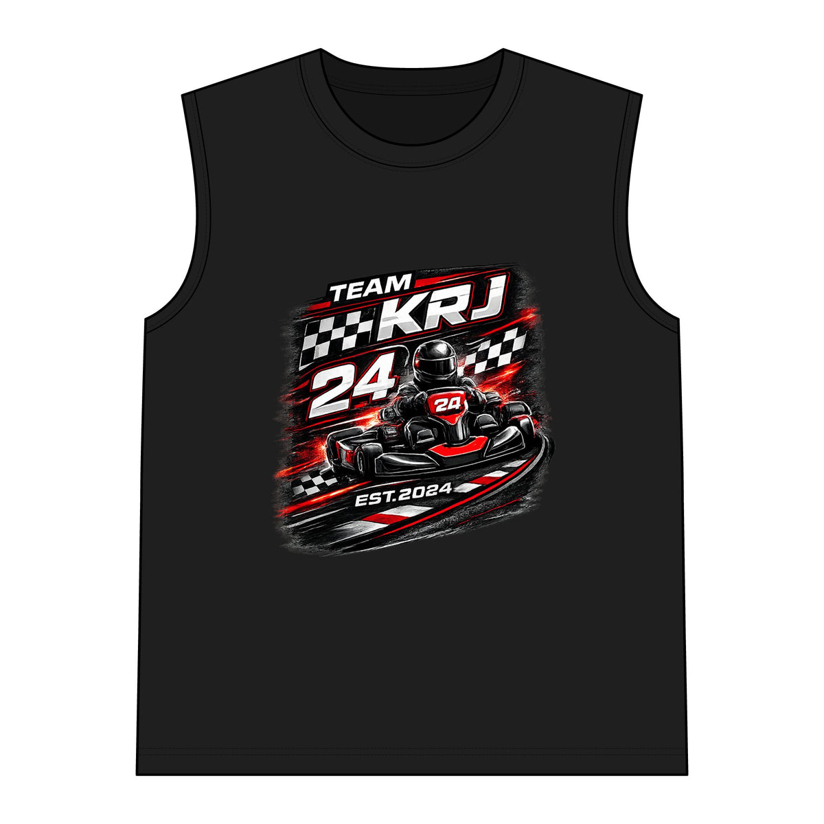 Women's Go-Kart Racing Muscle Tank von Team KRJ 24 mit sportlichem Design und Rennkart-Motiv.