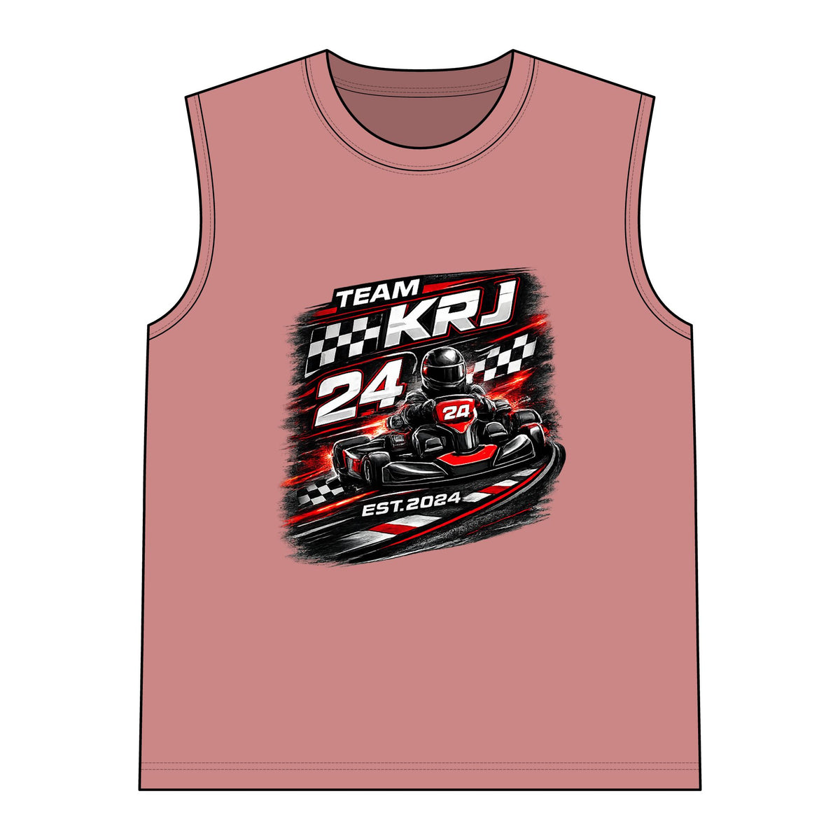 Women's Go-Kart Racing Muscle Tank mit Team KRJ Design und Rennkart Grafik.
