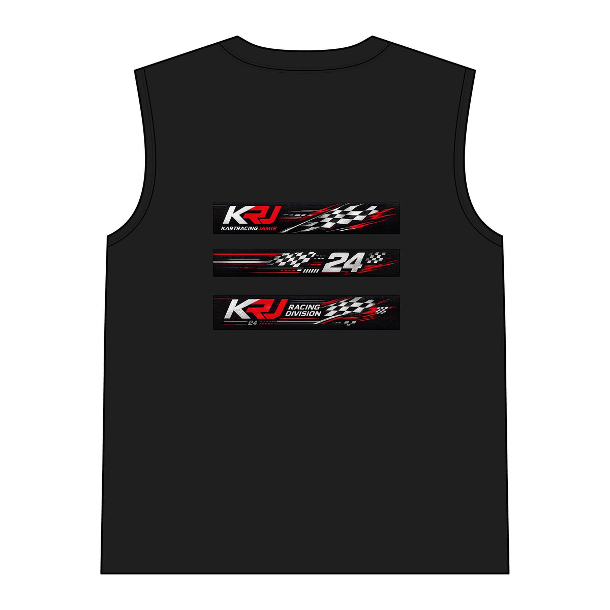 Women's Go-Kart Racing Muscle Tank mit Team KRJ 24 Grafiken auf schwarzem Hintergrund.