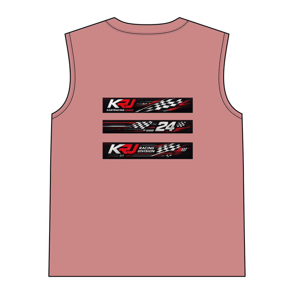 Women's Go-Kart Racing Muscle Tank mit Team KRJ 24 Aufdruck und Rennmotiven auf der Rückseite.