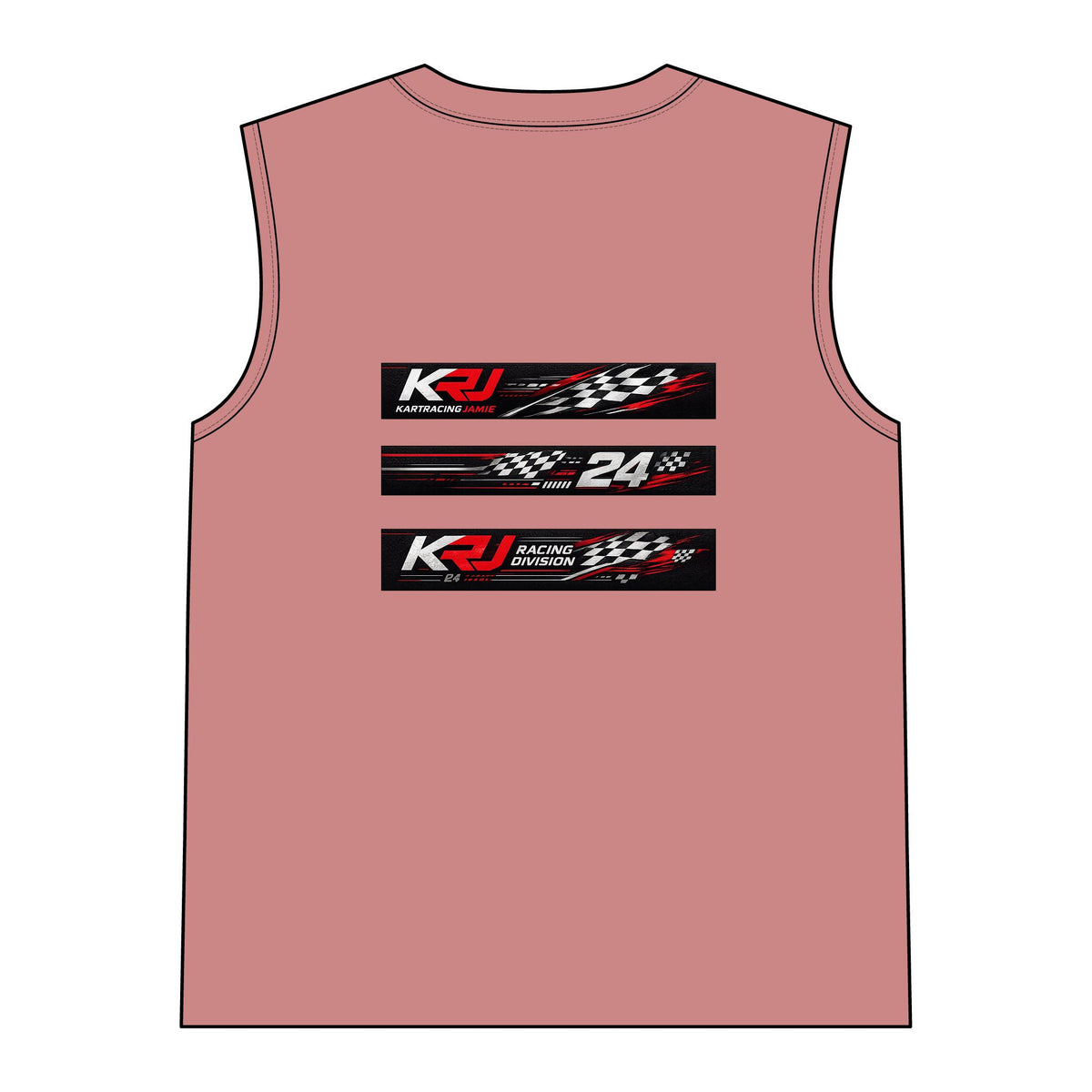 Women's Go-Kart Racing Muscle Tank mit Team KRJ 24 Aufdruck und Rennmotiven auf der Rückseite.