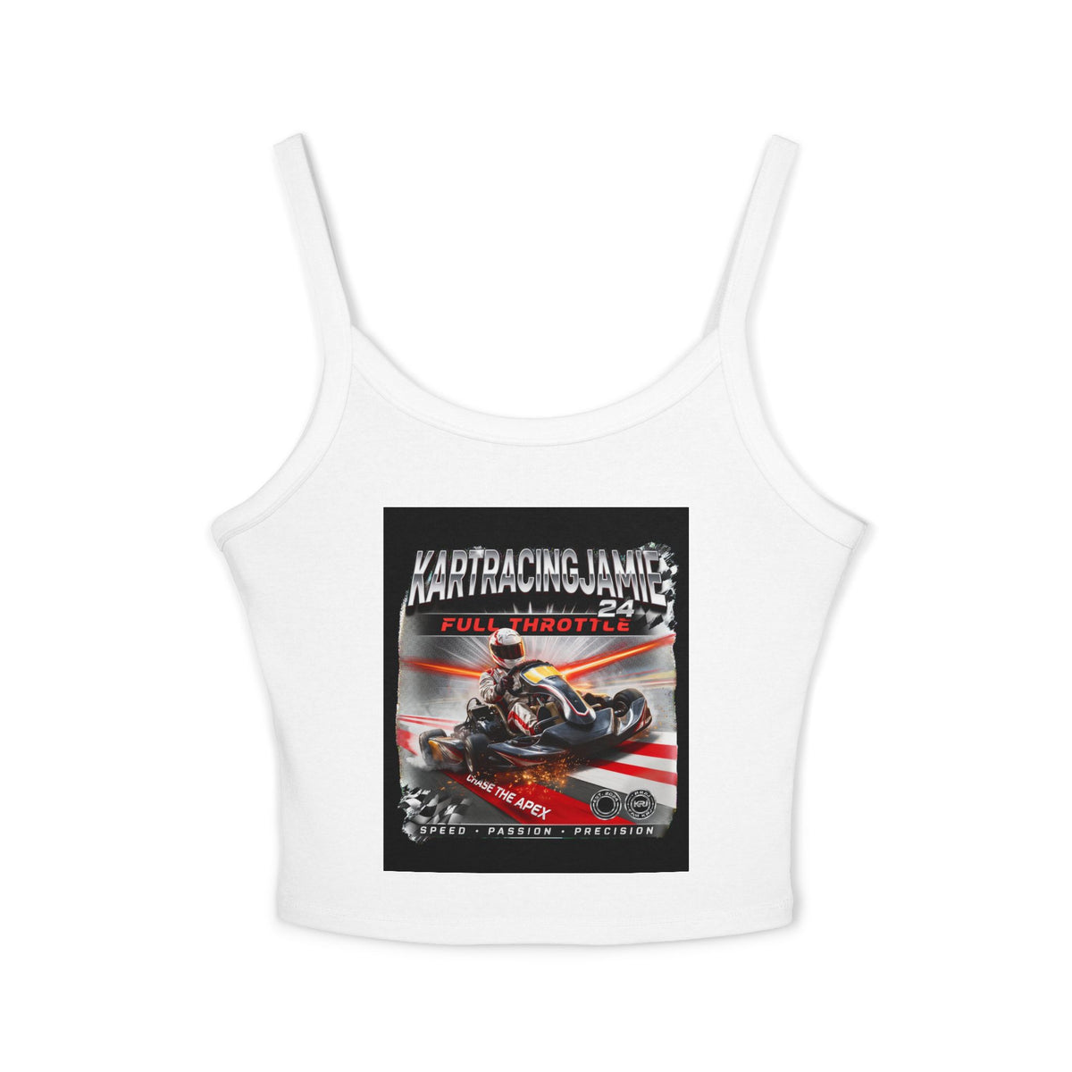 kart racing graphic tank top in solid white with bold racing graphics, designed for race-day energy and style.