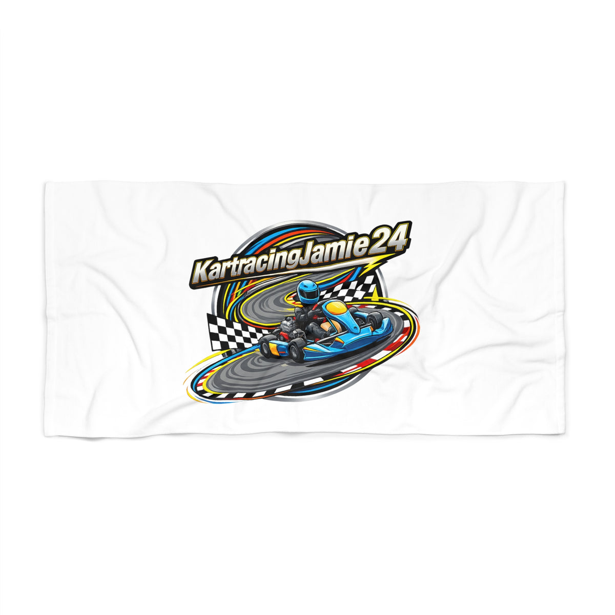 Go-Kart Racing Beach Towel auf einem Liegestuhl am Strand, ideal für Motorsportfans und Sommeraktivitäten.