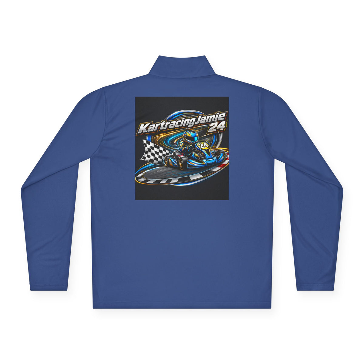 Kart Racing Quarter-Zip Pullover in blue featuring a colorful kart design on the back.