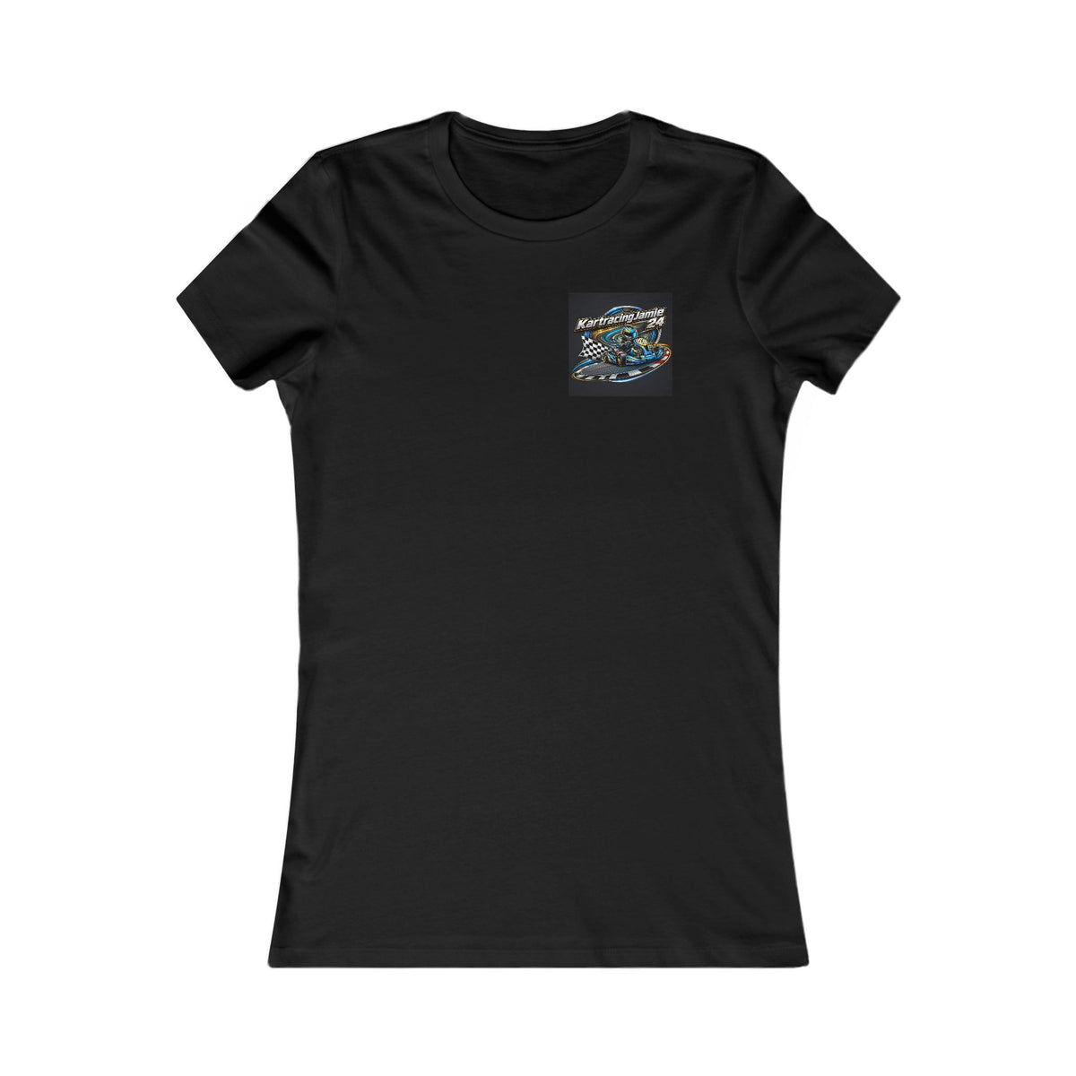 Kart Racing Women's Tee mit KRI Logo und racing Grafikdesign auf schwarzem T-Shirt.