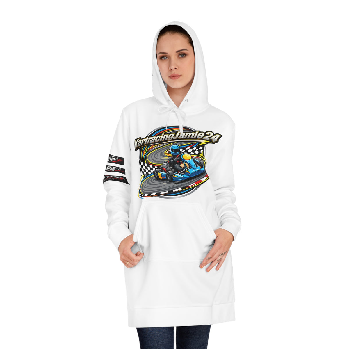 Go-Kart Racing Hoodie Dress in Weiß mit auffälligem Kart-Design und Kapuze, ideal für Motorsport-Fans.