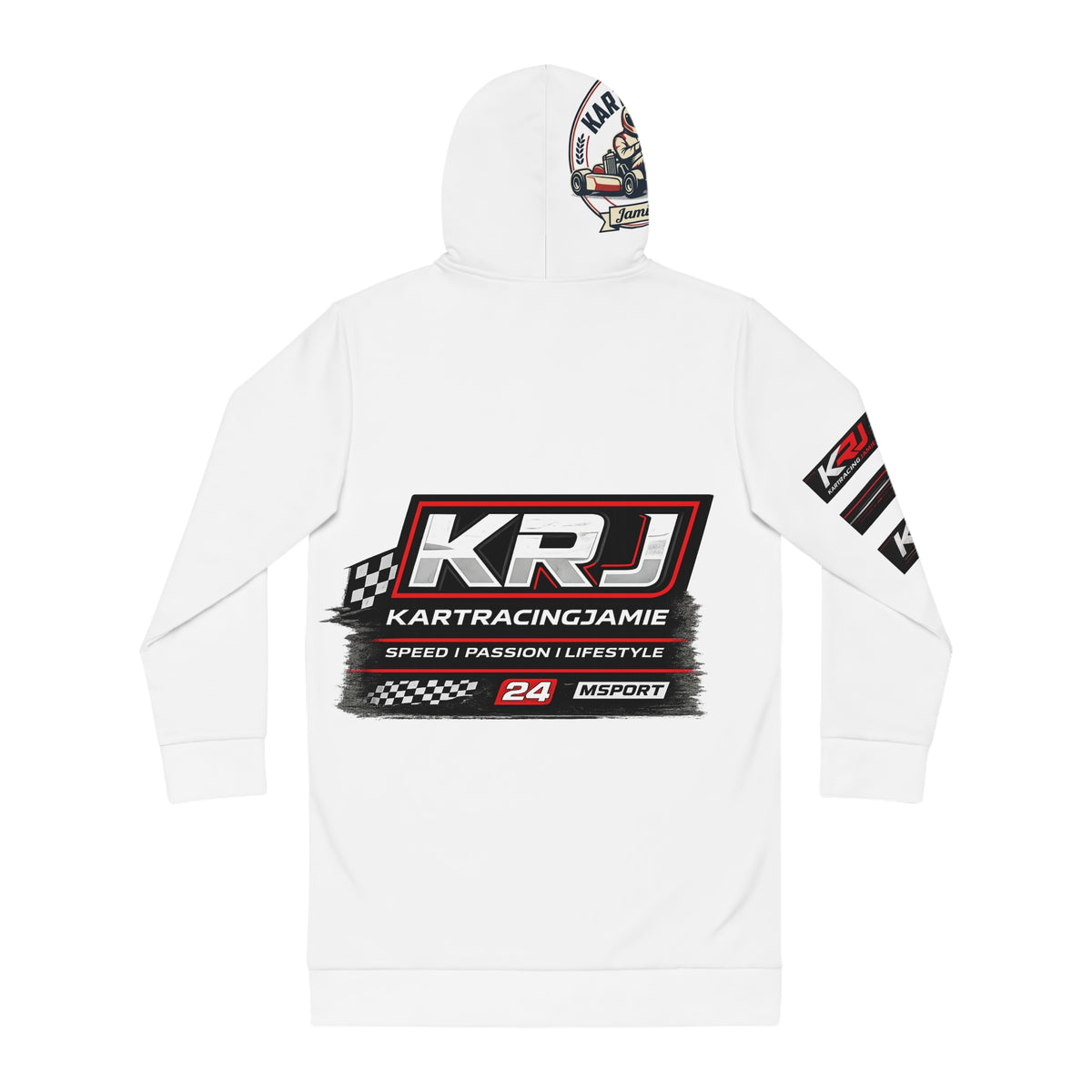 Go-Kart Racing Hoodie Dress mit KRJ-Logo und grafischen Elementen auf der Rückseite für einen sportlichen Look.