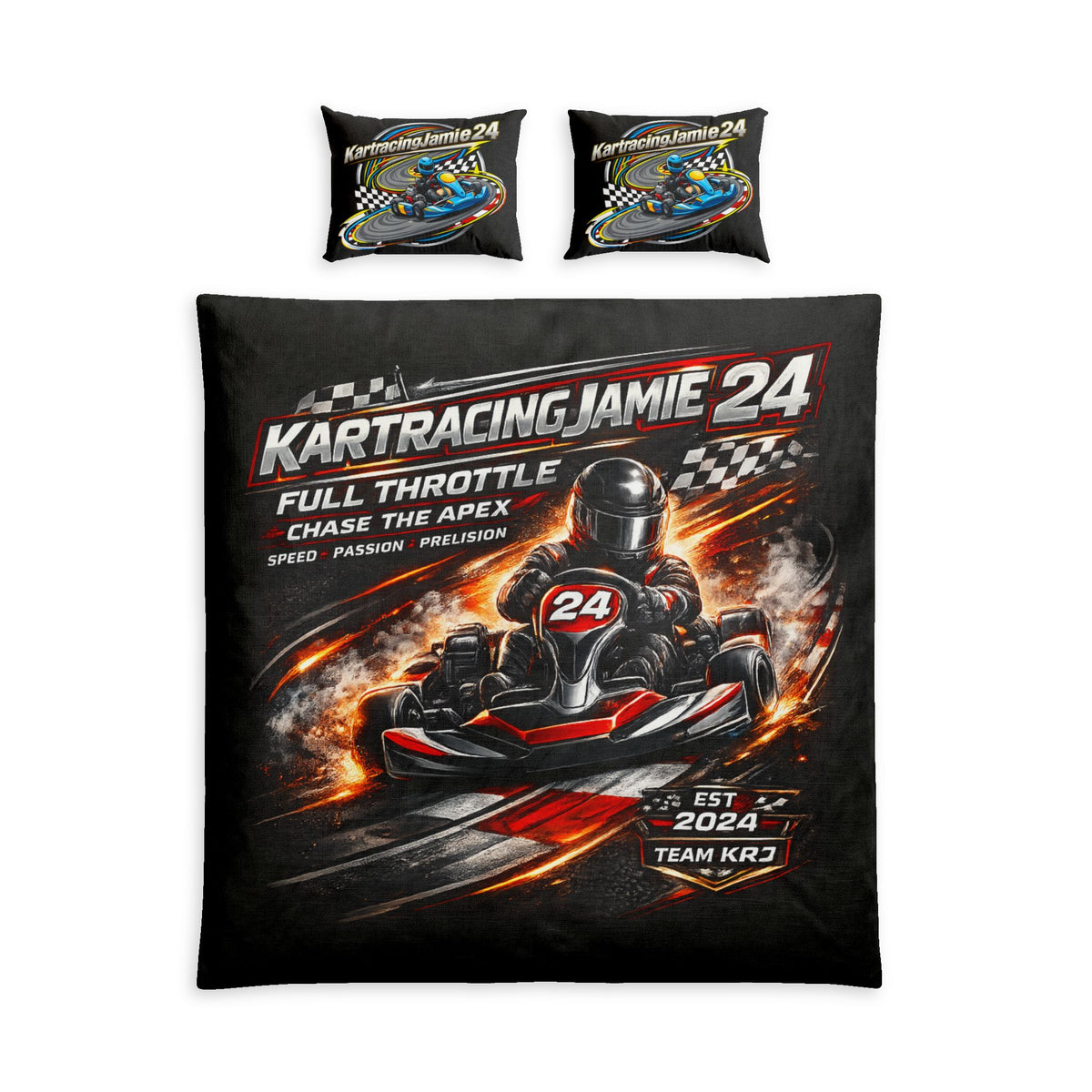 Person sitting on Go-Kart Racing Bedding Set KartRacing Jamie 24 Cotton Duvet Cover Set, showcasing vibrant racing graphics.