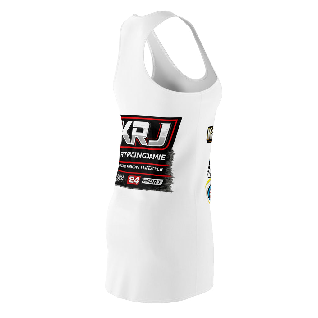 Side view of the Kart Racing Jamie racerback dress, featuring a women's go-karting graphic dress design and vibrant logos.