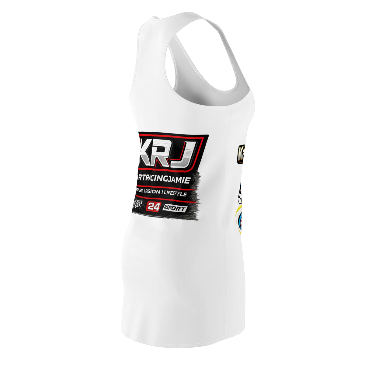 Side view of the Kart Racing Jamie racerback dress, featuring a women's go-karting graphic dress design and vibrant logos.