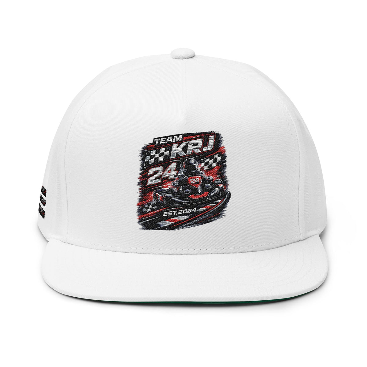 Racing Team 24 Embroidered Snapback Cap with karting badge and flat bill design.