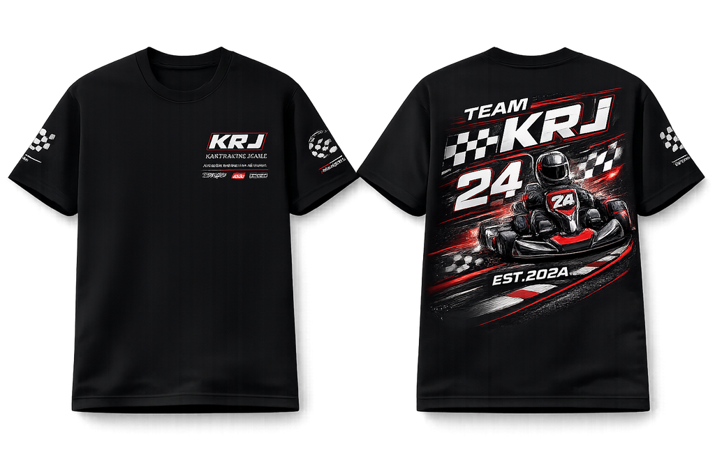 Unisex Urban Pullover Hoodie mit KRJ Karting Design für Motorsportfans, schwarz, Vorder- und Rückansicht