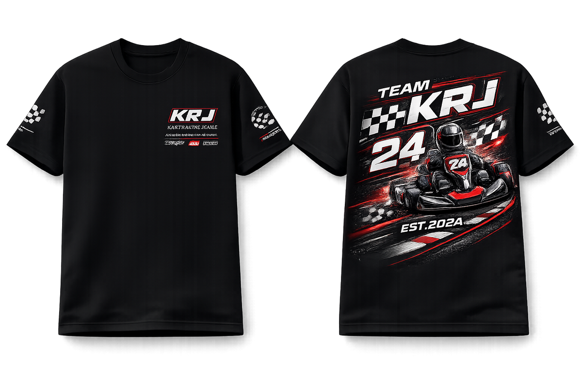 Unisex Urban Pullover Hoodie mit KRJ Karting Design für Motorsportfans, schwarz, Vorder- und Rückansicht