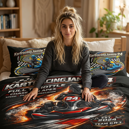 Person sitting on Go-Kart Racing Bedding Set KartRacing Jamie 24 Cotton Duvet Cover Set, showcasing vibrant racing graphics.