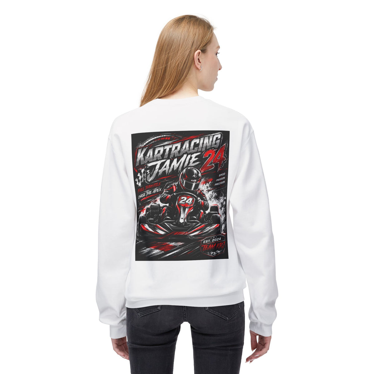 Go-Kart Racing Crewneck Sweatshirt with bold kart-racing graphic on the back, perfect for fans and racers.