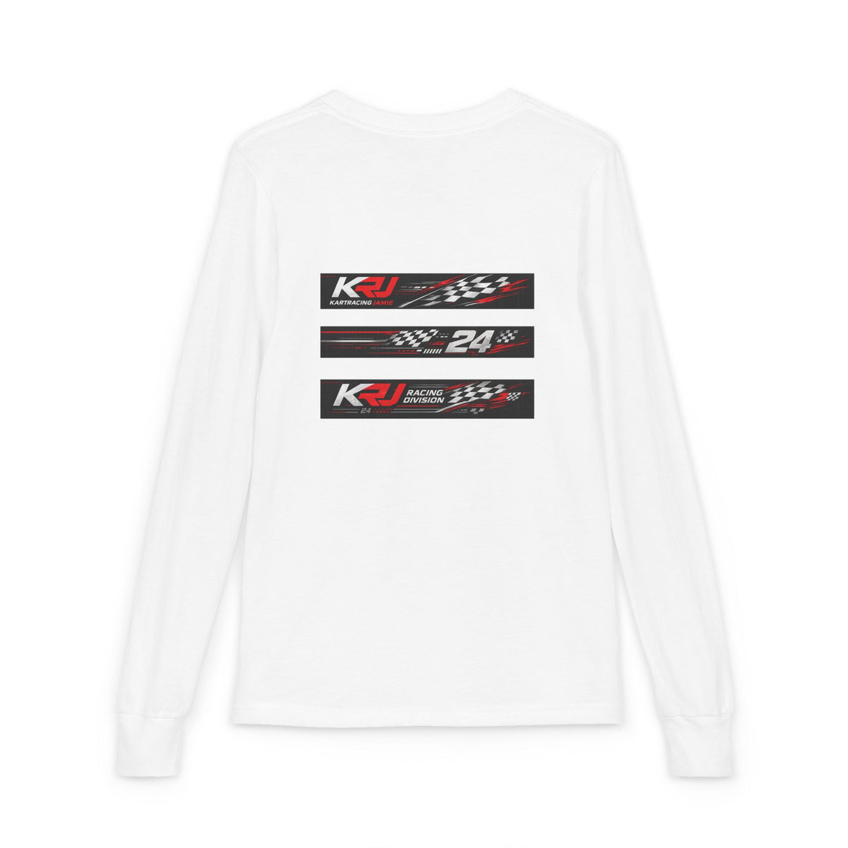 Youth Racing Long Sleeve Shirt mit KJracingJamie24 Grafik auf der Rückseite, ideal für junge Motorsportfans.
