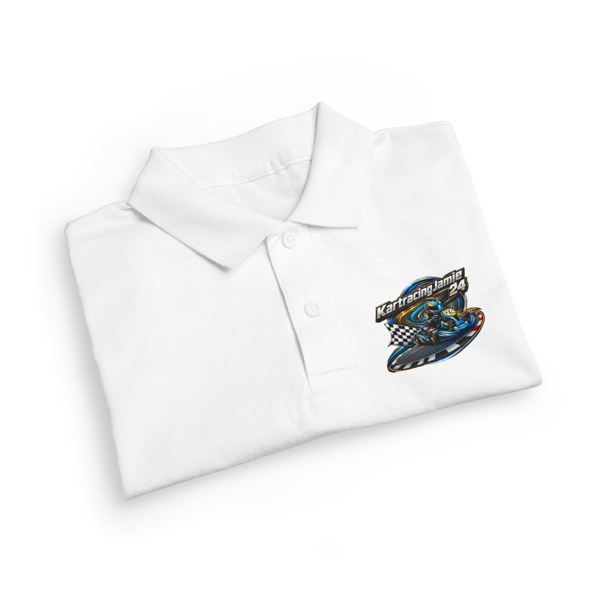Kids Racing Polo Shirt, weißes Polo mit Kart-Design für junge Kartfahrer und Motorsport-Enthusiasten.