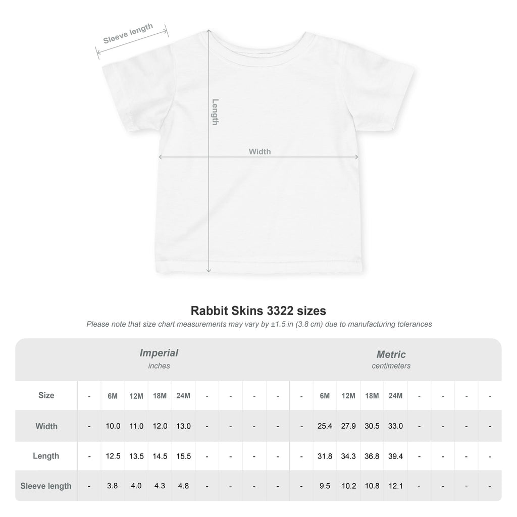 Größentabelle für das Go-Kart Racing Infant T-Shirt mit Abmessungen für verschiedene Größen.