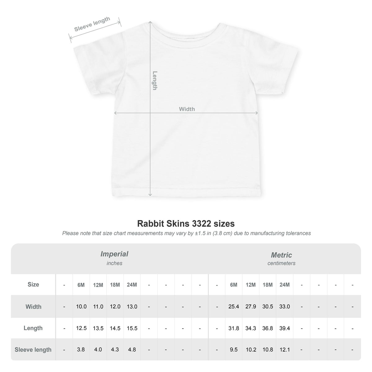 Größentabelle für das Go-Kart Racing Infant T-Shirt mit Abmessungen für verschiedene Größen.