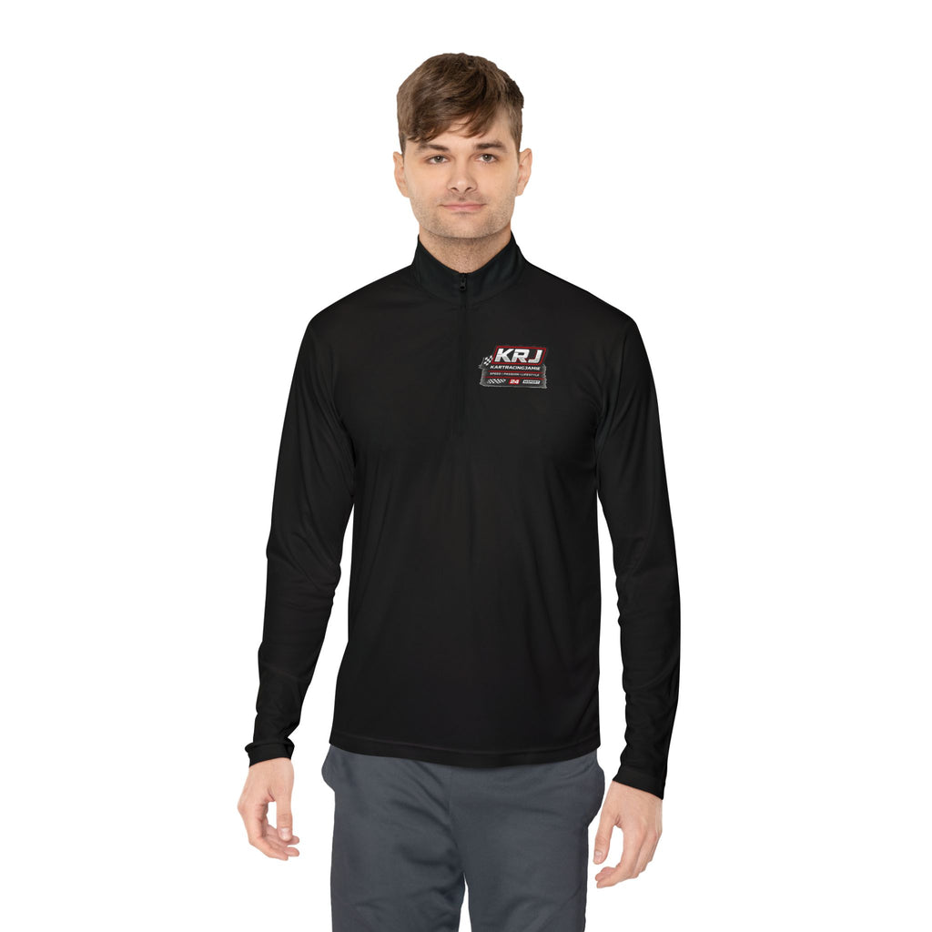 Mann trägt Kart Racing Quarter-Zip Pullover in Schwarz, ideal für Motorsport und Freizeit.
