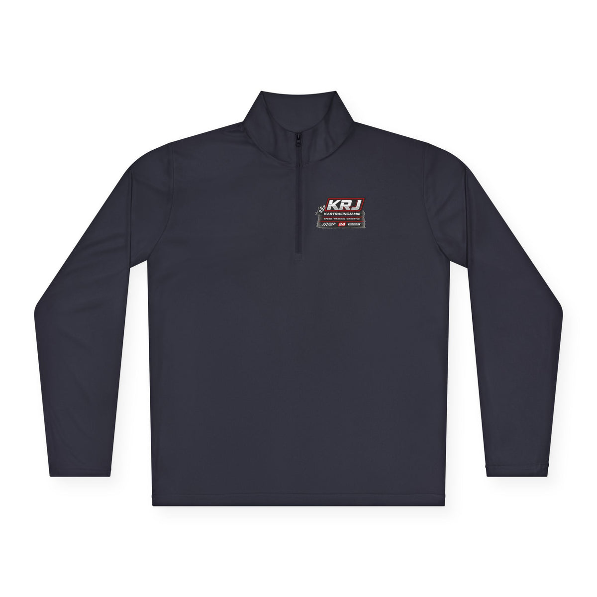 Kart Racing Quarter-Zip Pullover in navy with KRJ logo, ideal for drivers and motorsport fans.