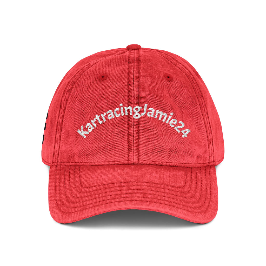 Vintage Embroidered Baseball Cap in red with custom curved text KartracingJamie24, showcasing high-quality embroidery.