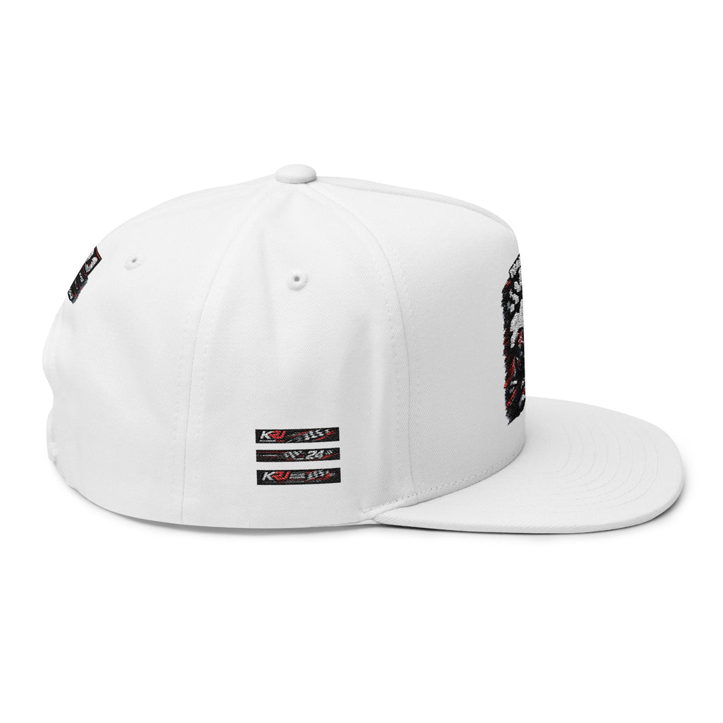 Racing Team 24 Embroidered Snapback Cap | Flat Bill Hat Ansicht von der Seite, weiß mit gesticktem Logo.