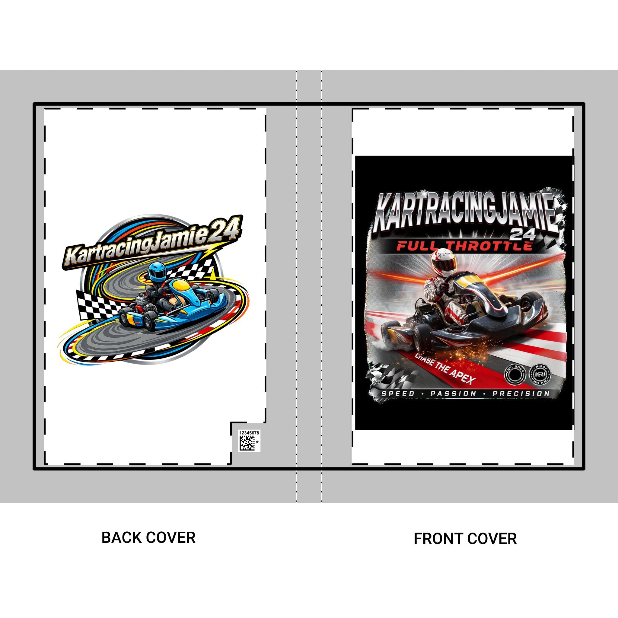 Go-Kart Racing Journal mit dynamischem Cover-Design und Kart-Rennmotiven auf Vorder- und Rückseite.