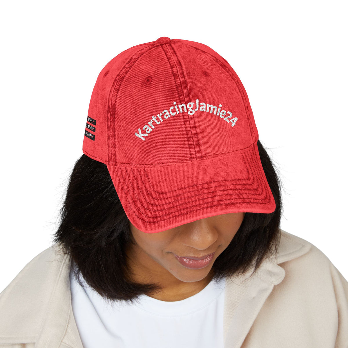 Vintage Embroidered Baseball Cap in red with custom curved text "KartracingJamie24"