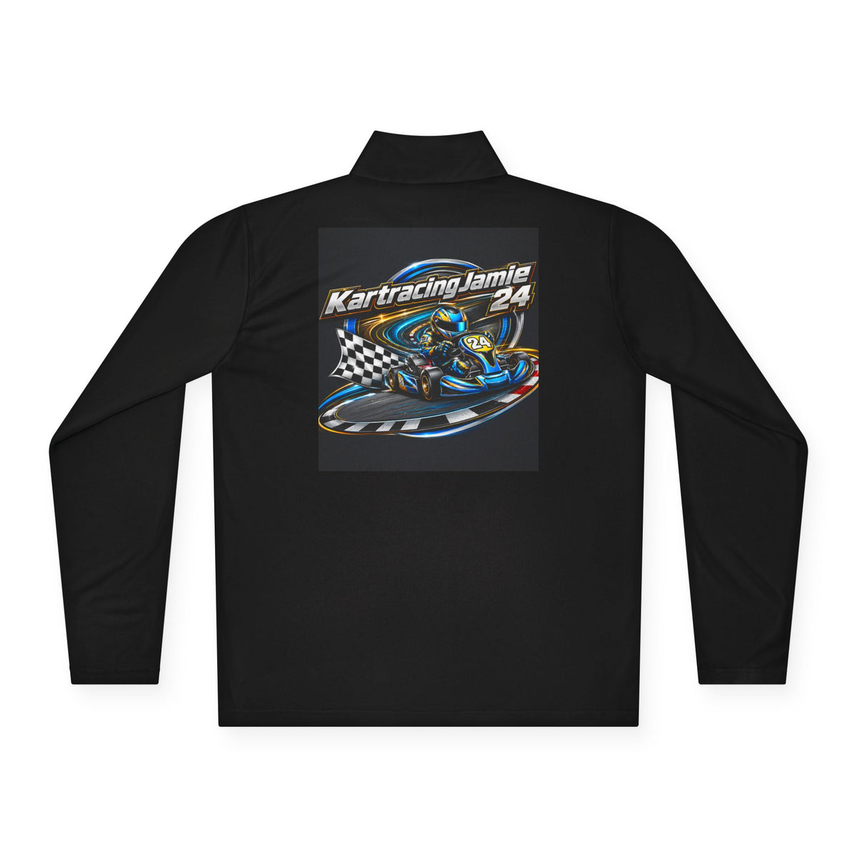 Kart Racing Quarter-Zip Pullover mit Rennkart Grafik und Checkered Flag Design auf der Rückseite