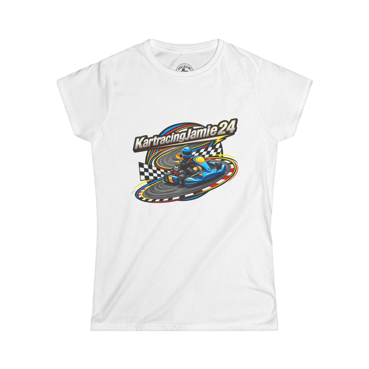 kart racing women's t-shirt mit farbenfrohem Grafikdesign und karierter Fahne auf weißem Hintergrund.