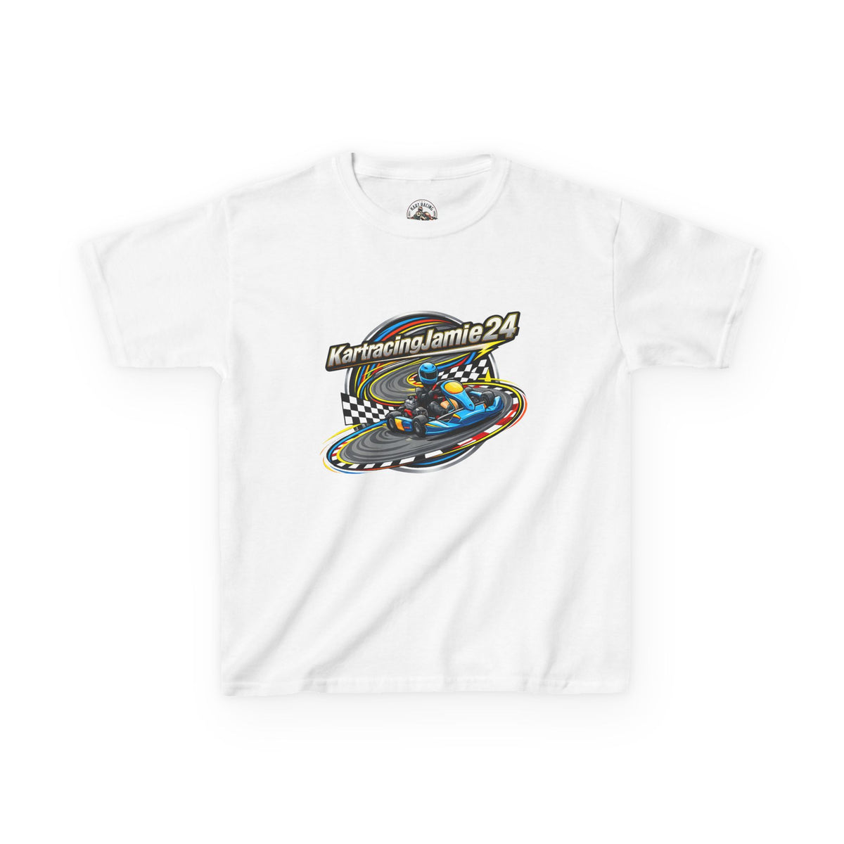 Kids kart racing t-shirt mit Kartingandjamie24 Grafik für kleine Rennsportfans.