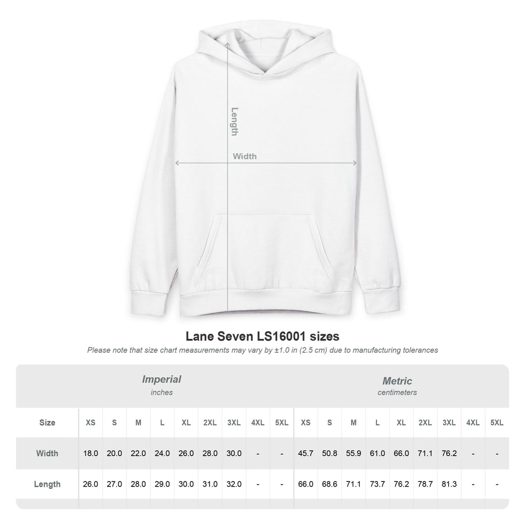 Größentabelle für den Unisex Urban Pullover Hoodie mit Imperial und metrischen Maßen.