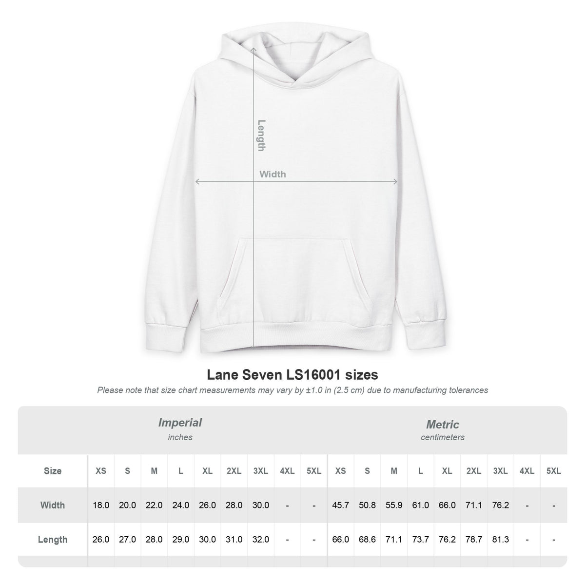Größentabelle für den Unisex Urban Pullover Hoodie mit Imperial und metrischen Maßen.