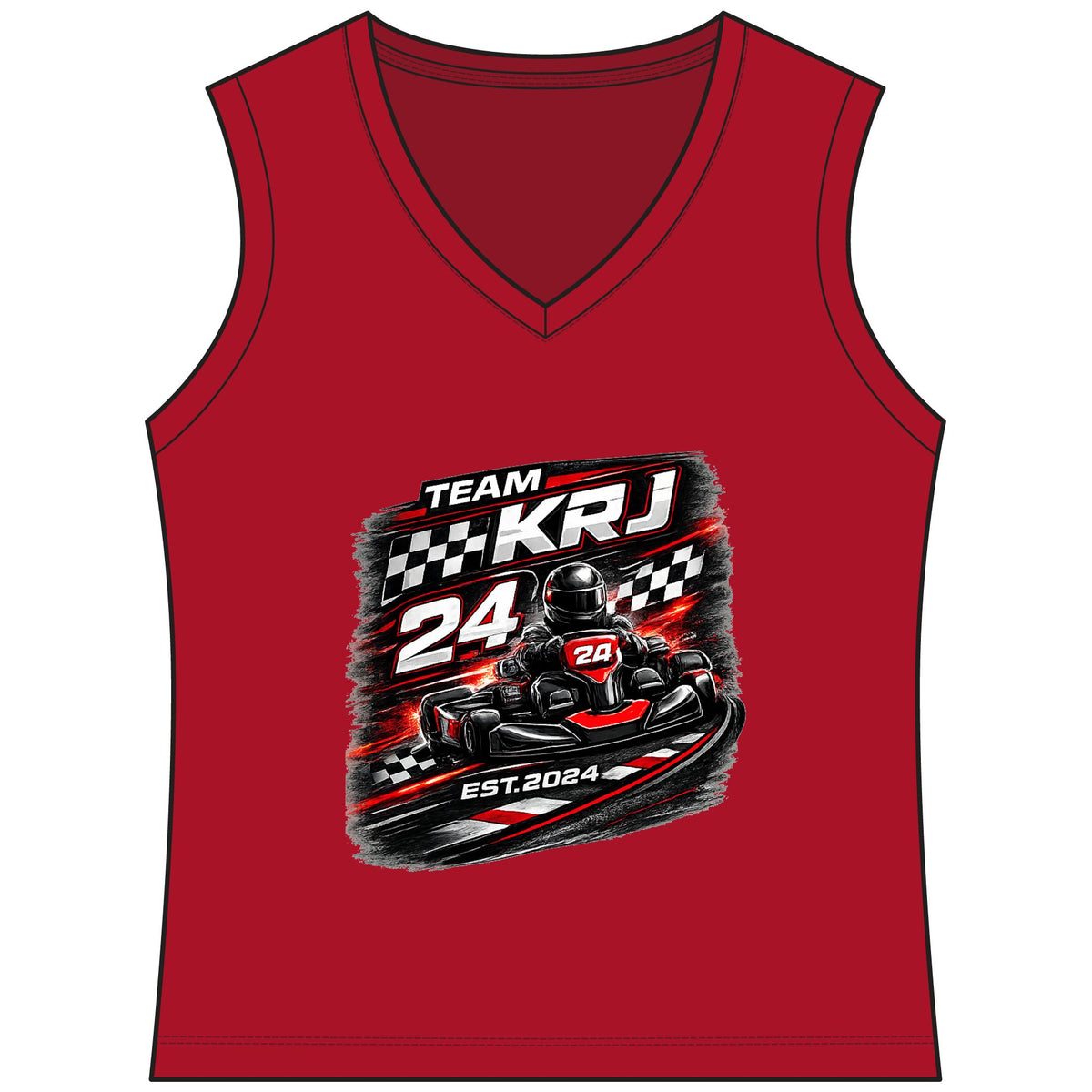 Go-Kart Racing Women's Tank Top mit Team KRJ 24 Grafik auf rotem V-Ausschnitt Shirt