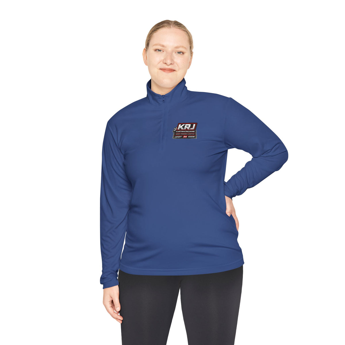 Kart Racing Quarter-Zip Pullover in blue worn by a woman, featuring a logo on the chest, ideal for motorsport fans.