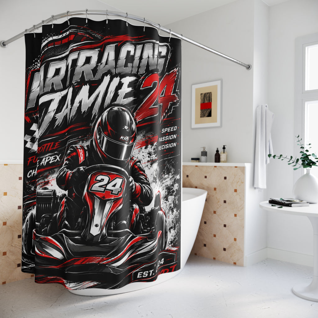 Kart Racing Shower Curtain mit dynamischem Kart-Design, Nummer 24, kräftigen Farben für Badezimmer-Dekor.